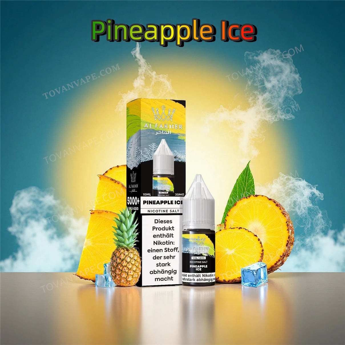 al fakher, pineapple ice (sal de nicotina), 2%: líquido para cigarrillos electrónicos sobre un fondo de piñas tropicales frescas
