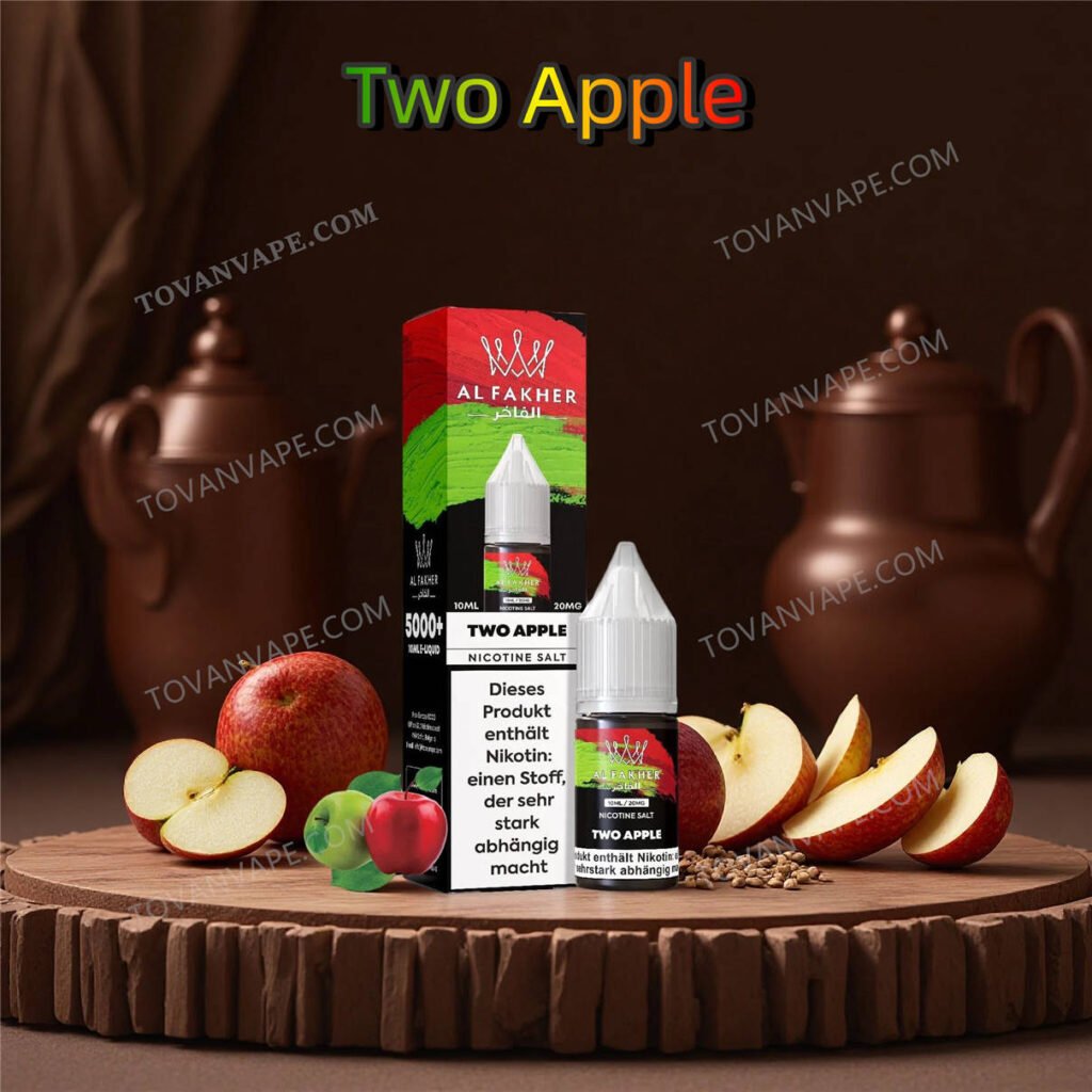 al fakher two apple 10 ml 2%: frasco de e-líquido situado junto a unas manzanas rojas y verdes bien crujientes al fakher two apple 10 ml 2%: frasco de e-líquido situado junto a unas manzanas rojas y verdes bien crujientes