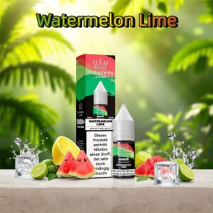 al fakher watermelon lime 2% e-liquid surrounded by juicy watermelon chunks and sliced limes