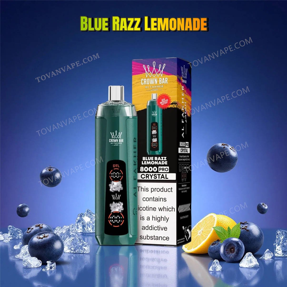blue razz lemonade flavor of the al fakher 8k crystal e cigarette, decorated with blue raspberries and sliced yellow lemons