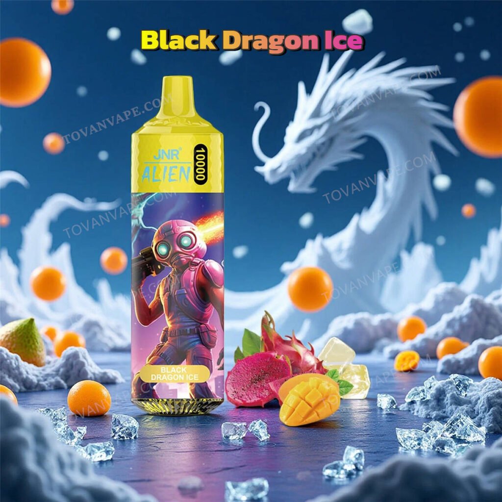 close up of jnr alien 10k black dragon ice vape device, displayed with fresh dragon fruit, dark berries, and ice