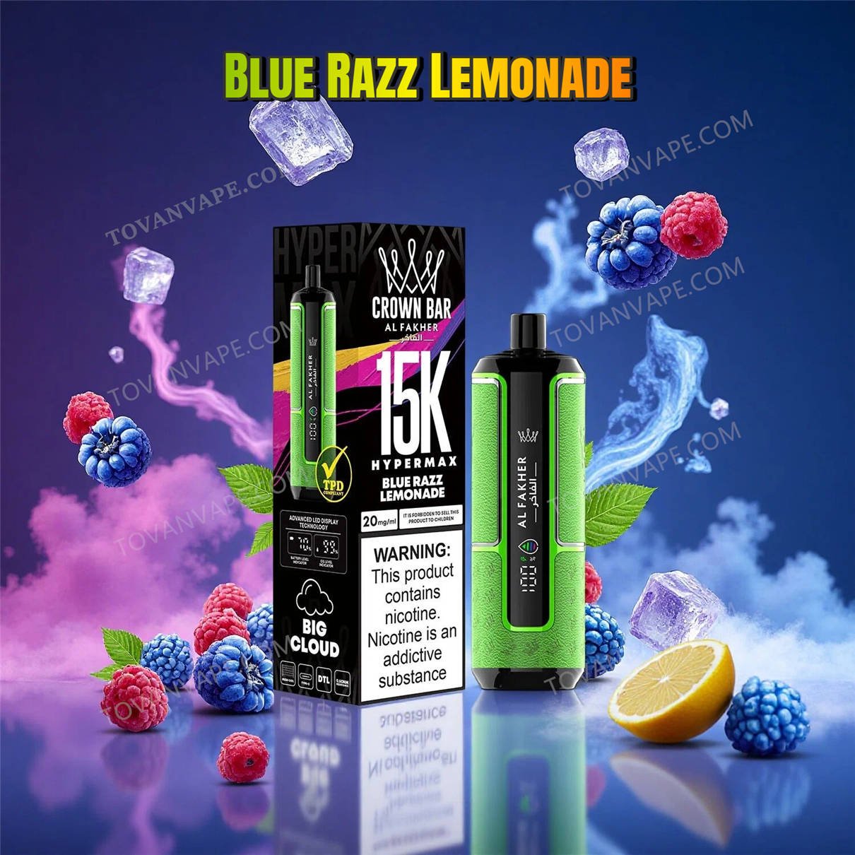 close-up showing the al fakher crown bar 15k hypermax blue razz lemonade e-cigarette, decorated with blue raspberries and sliced yellow lemons
