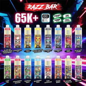 collezione completa che mostra tutte le 16 varianti di gusto disponibili per il modello razz bar 65k+
