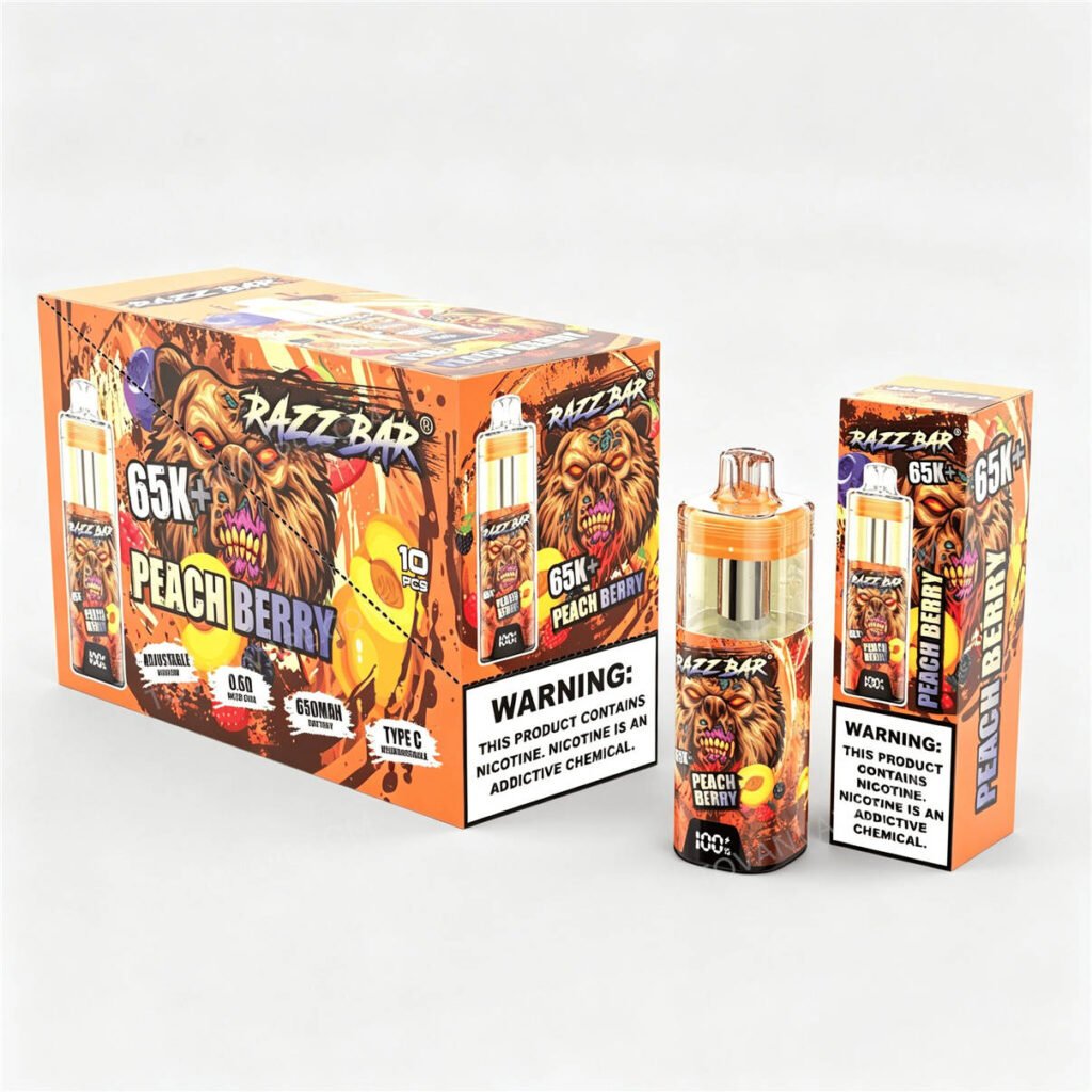 vista dettagliata dei modelli razz bar 65k+ e peach berry, comprese la confezione singola e la confezione da 10 pezzi
