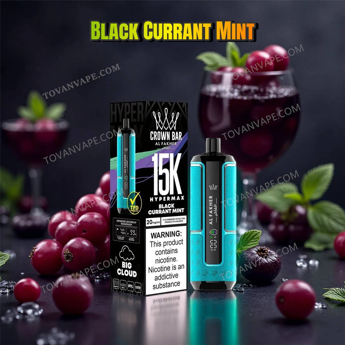 display of the al fakher crown bar 15k hypermax blackcurrant mint, placed among fresh blackcurrants and green mint leaves