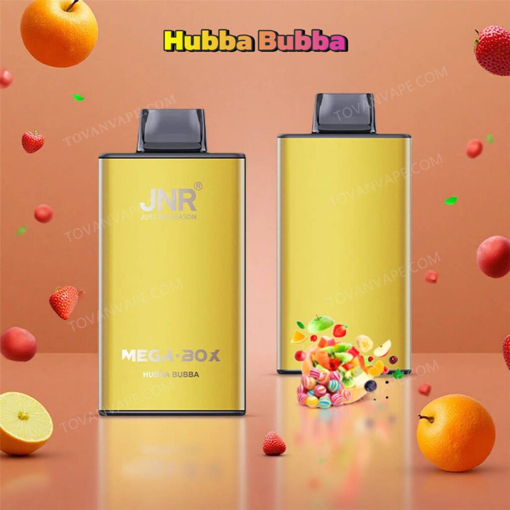 display of the jnr mega box 25k hubba bubba vape, decorated with classic bubblegum pieces and fruity ingredients