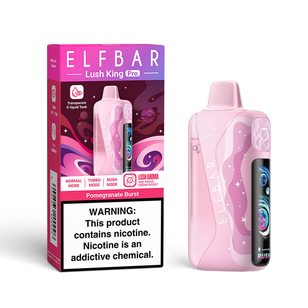 Das Gerät elfbar lush king pro 40000 pomegranate burst wird zusammen mit seiner Verbraucherverpackung dargestellt Das Gerät elfbar lush king pro 40000 pomegranate burst wird zusammen mit seiner Verbraucherverpackung dargestellt