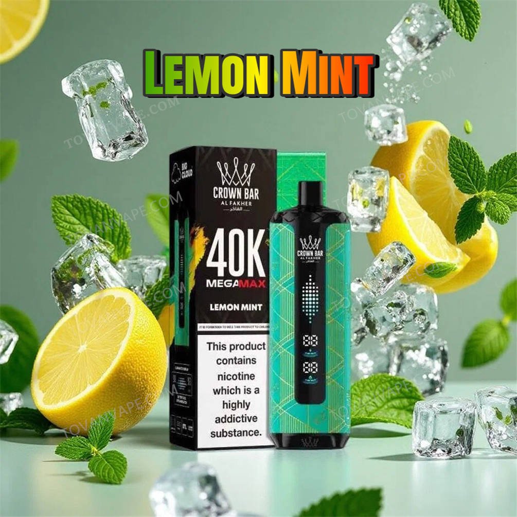 fresh lemons and mint leaves surround the al fakher crown bar mega max 40k lemon mint