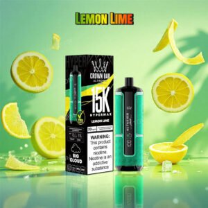 front view of the al fakher crown bar 15k hypermax lemon lime electronic cigarette, surrounded by fresh yellow lemons and green limes