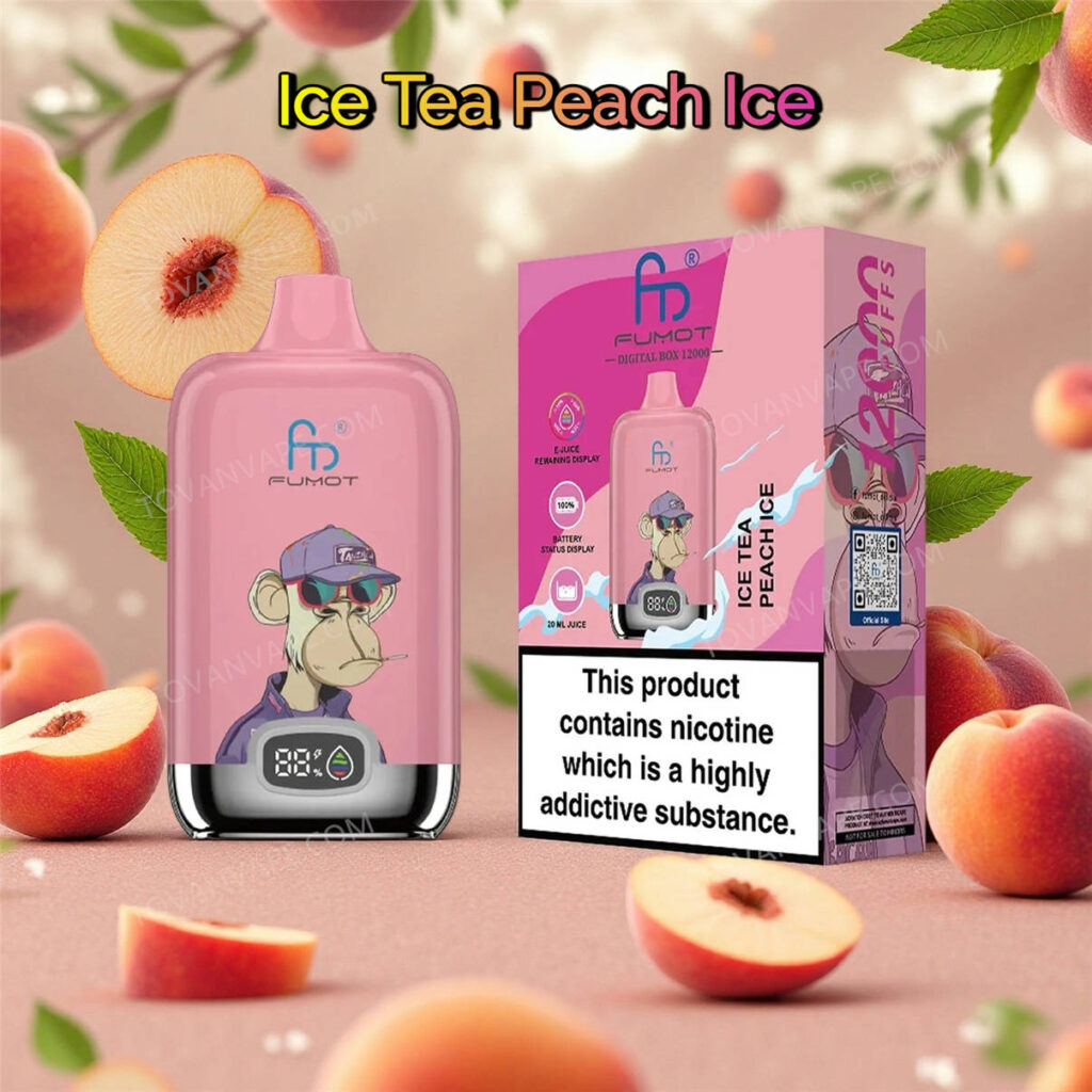 vozol gear 50k et super mint, nichés au milieu de feuilles de menthe vertes, fraîches et rafraîchissantes fumot digital box 12000 ice tea peach ice cigarette électronique, entourée de pêches fraîches et sucrées, de thé glacé et de glaçons transparents