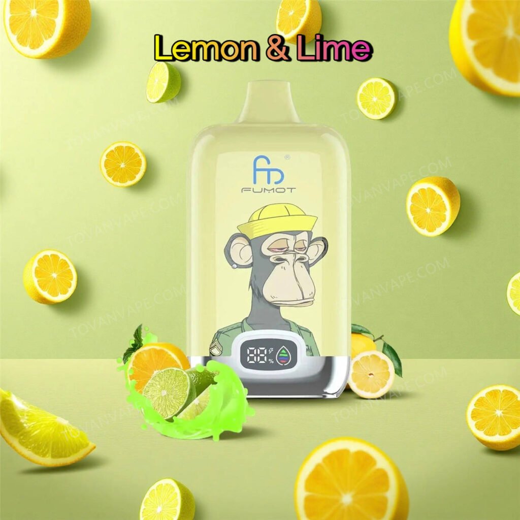 fumot digital box 12000 lemon lime vape, shown with fresh yellow lemons and bright green limes