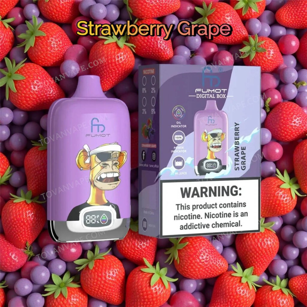 fumot digital box 12000 strawberry grape e cigarette, displayed with ripe strawberries and fresh purple grapes
