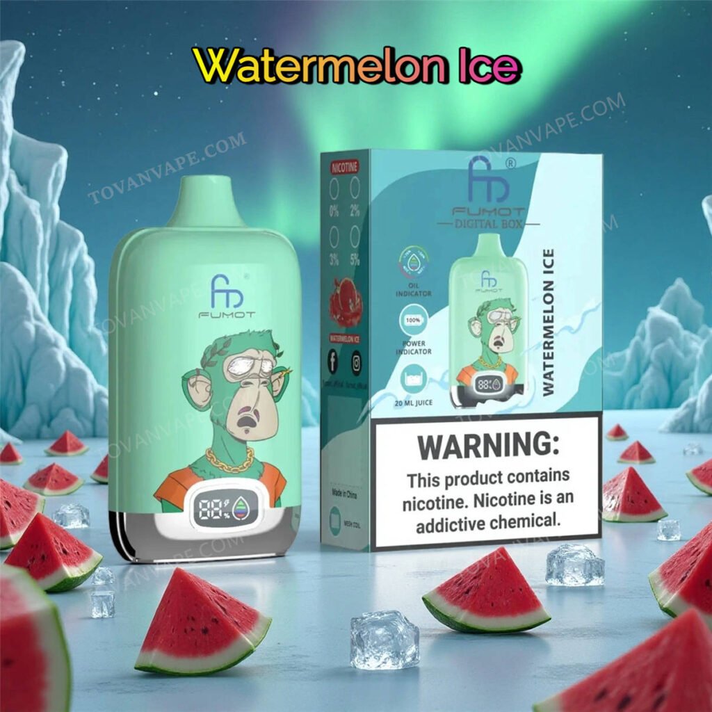 fumot digital box 12000 watermelon ice vape, shown with juicy red watermelon chunks and clear cooling ice cubes