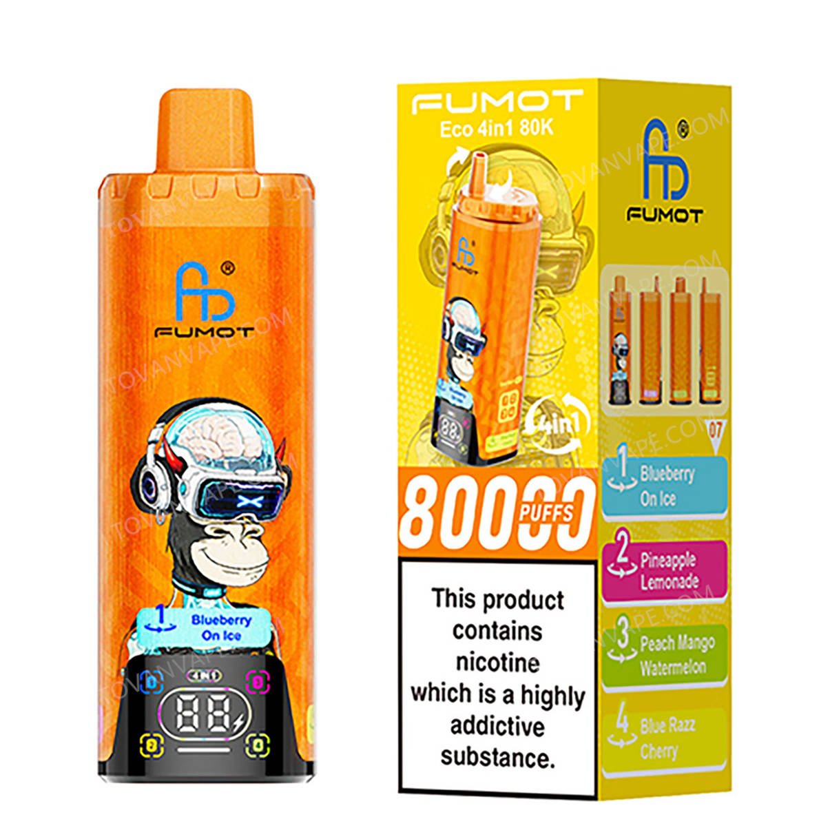 fumot eco 4in1 80k blueberry on ice - pineapple lemonade - peach mango watermelon - blue razz cherry retail packaging box