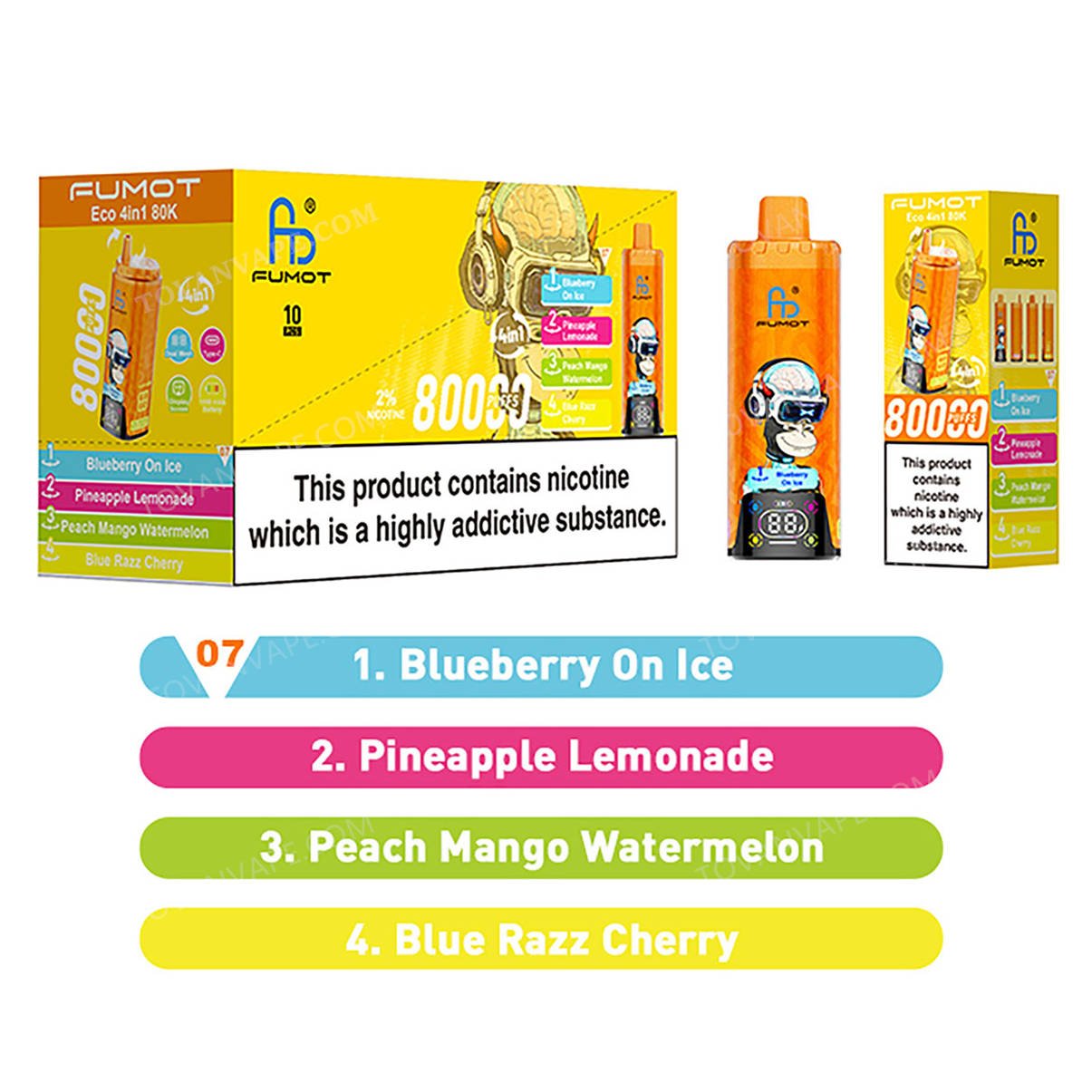 fumot eco 4in1 80k blueberry on ice - pineapple lemonade - peach mango watermelon - blue razz cherry wholesale packaging box