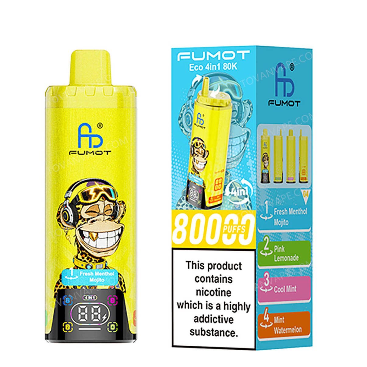 fumot eco 4in1 80k fresh menthol mojito - pink lemonade - cool mint - mint watermelon retail packaging box