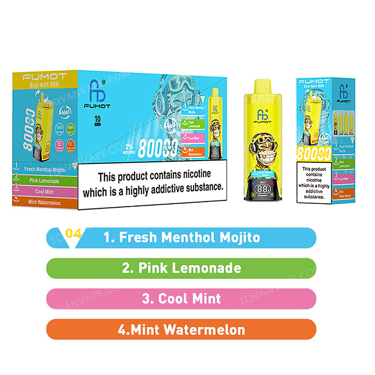 fumot eco 4in1 80k fresh menthol mojito - pink lemonade - cool mint - mint watermelon wholesale packaging box