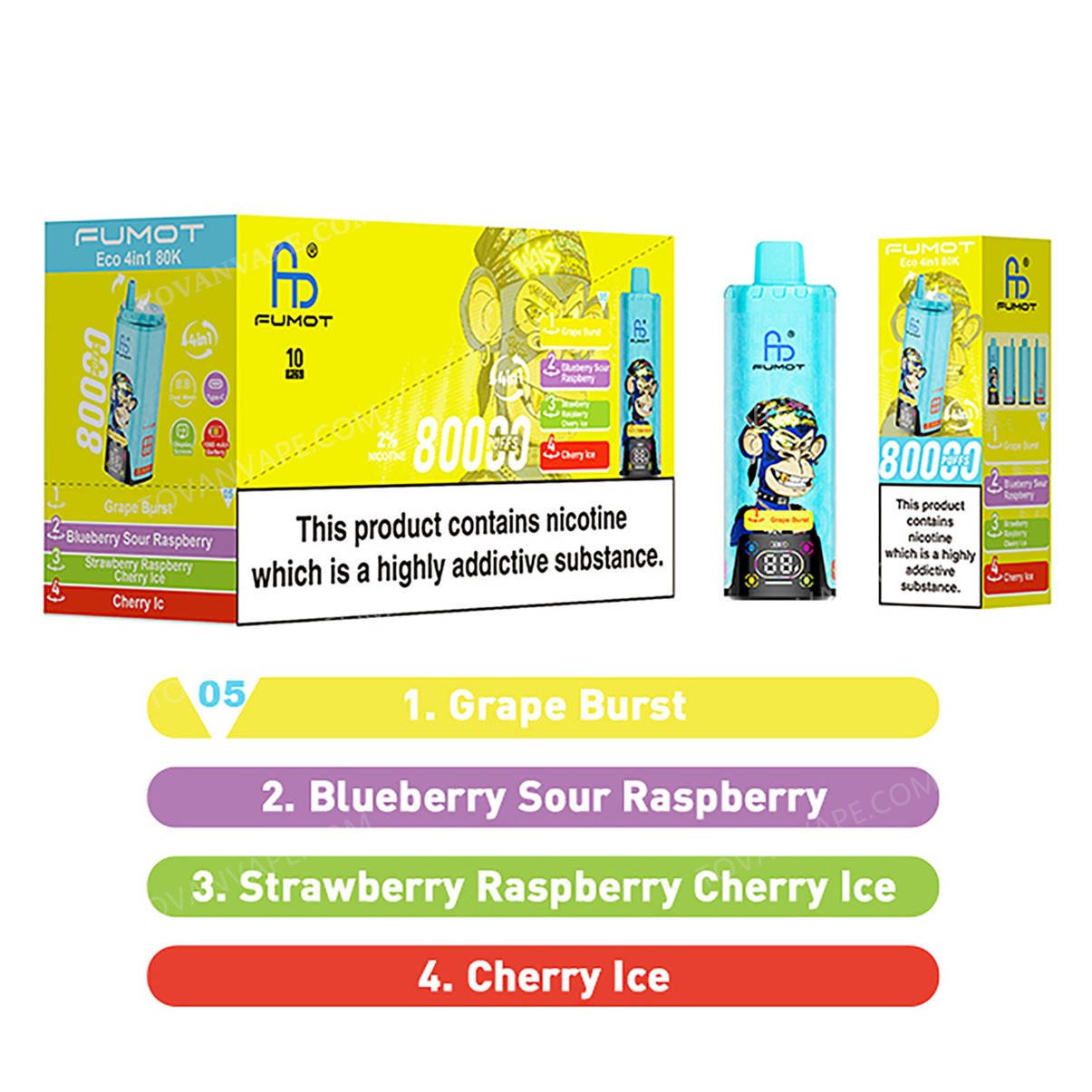 fumot eco 4in1 80k grape burst - blueberry sour raspberry - strawberry raspberry cherry ice - cherry ice wholesale packaging box