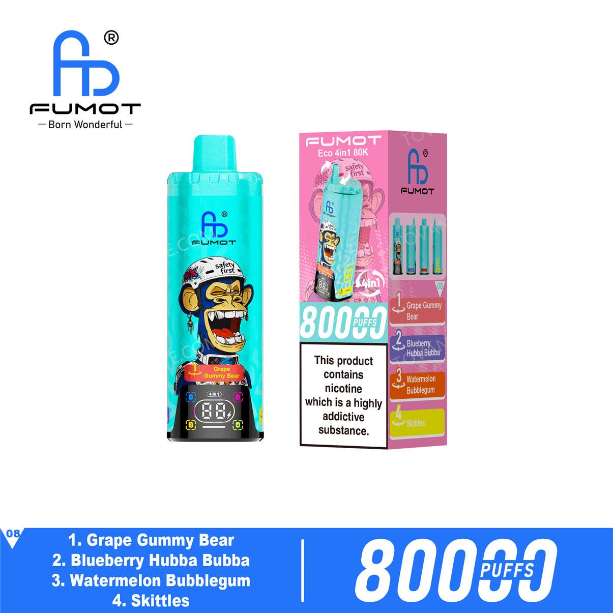 fumot eco 4in1 80k grape gummy bear - blueberry hubba bubba - watermelon bubblegum - skittles retail packaging box