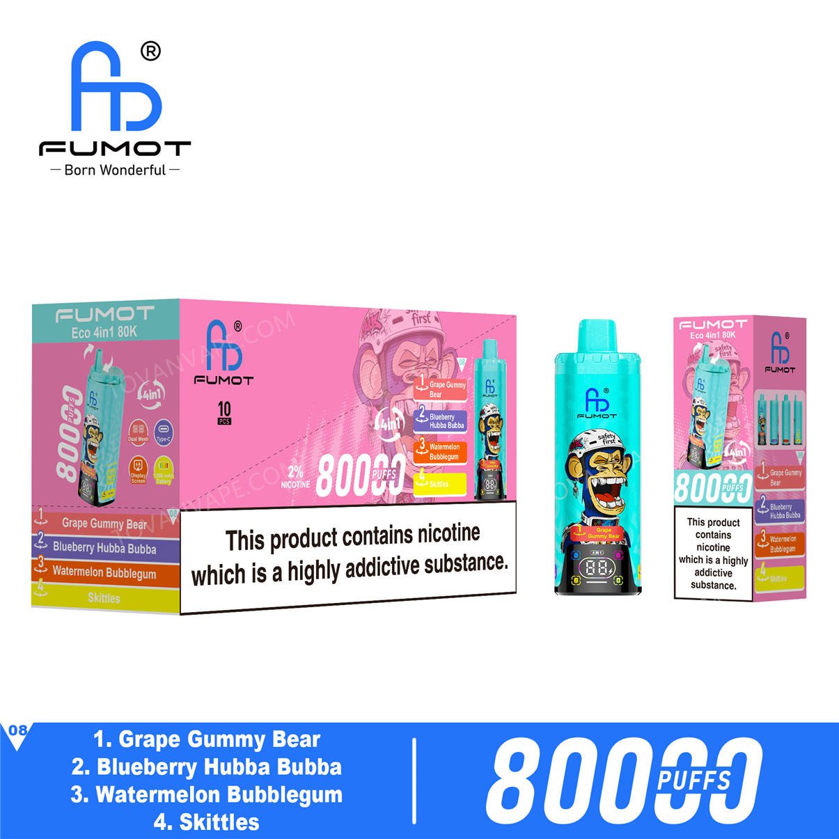 fumot eco 4in1 80k grape gummy bear - blueberry hubba bubba - watermelon bubblegum - skittles wholesale packaging box
