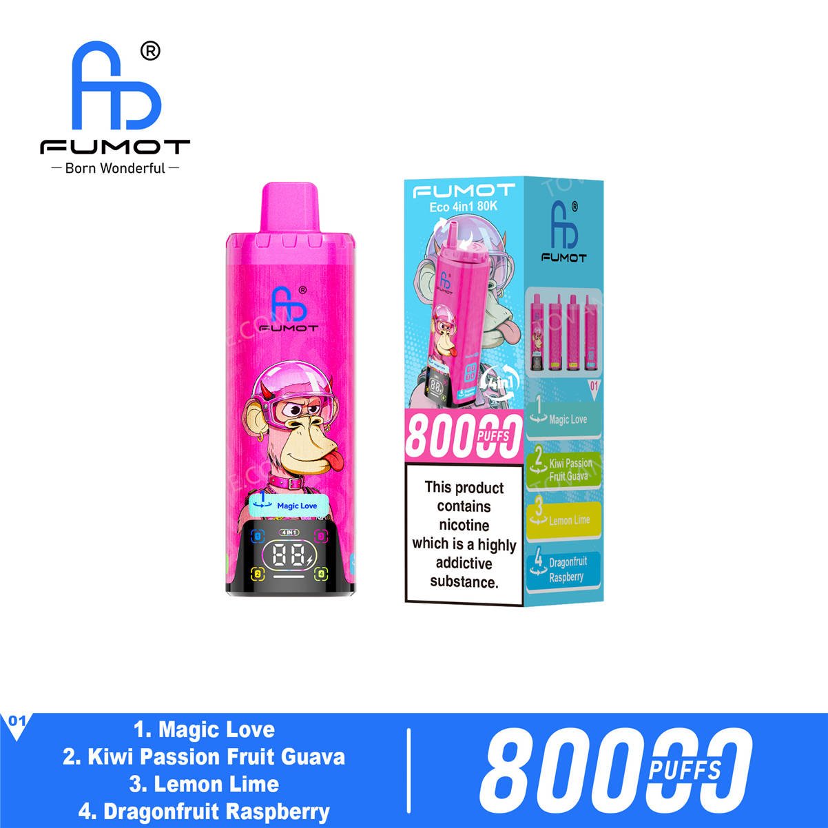 fumot eco 4in1 80k magic love - kiwi passion fruit guava - dragonfruit raspberry - lemon lime retail packaging box
