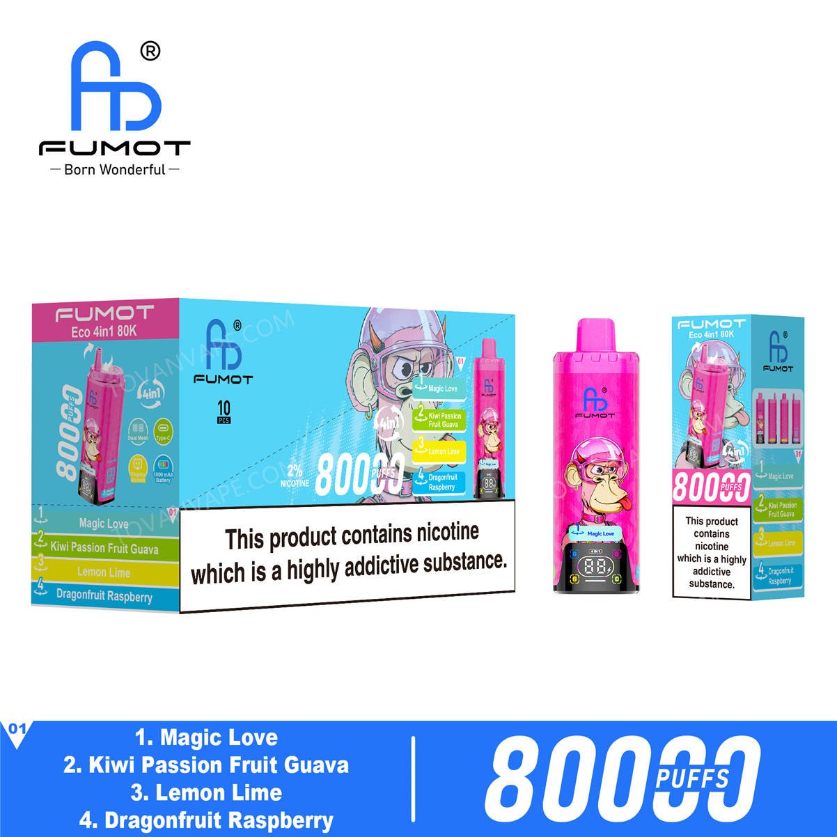 fumot eco 4in1 80k magic love - kiwi passion fruit guava - dragonfruit raspberry - lemon lime wholesale packaging box