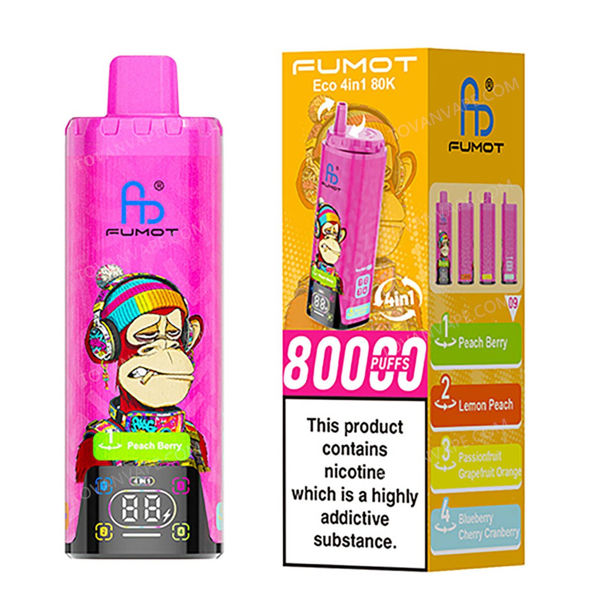 fumot eco 4in1 80k peach berry - lemon peach - passionfruit grapefruit orange blueberry cherry cranberry retail packaging box