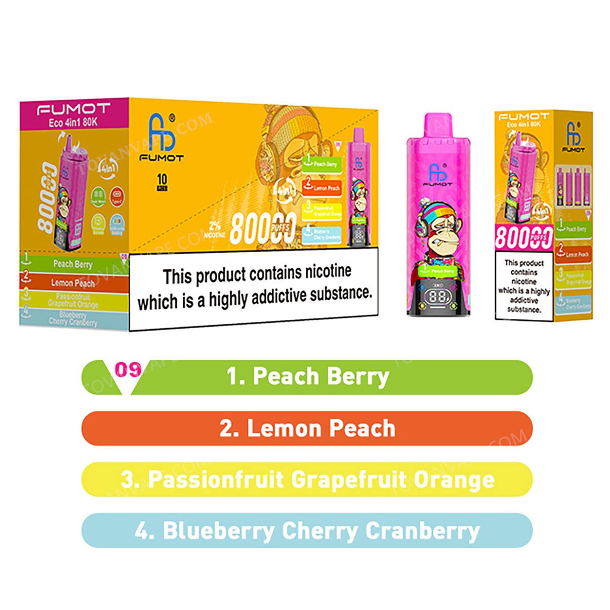 fumot eco 4in1 80k peach berry - lemon peach - passionfruit grapefruit orange blueberry cherry cranberry wholesale packaging box