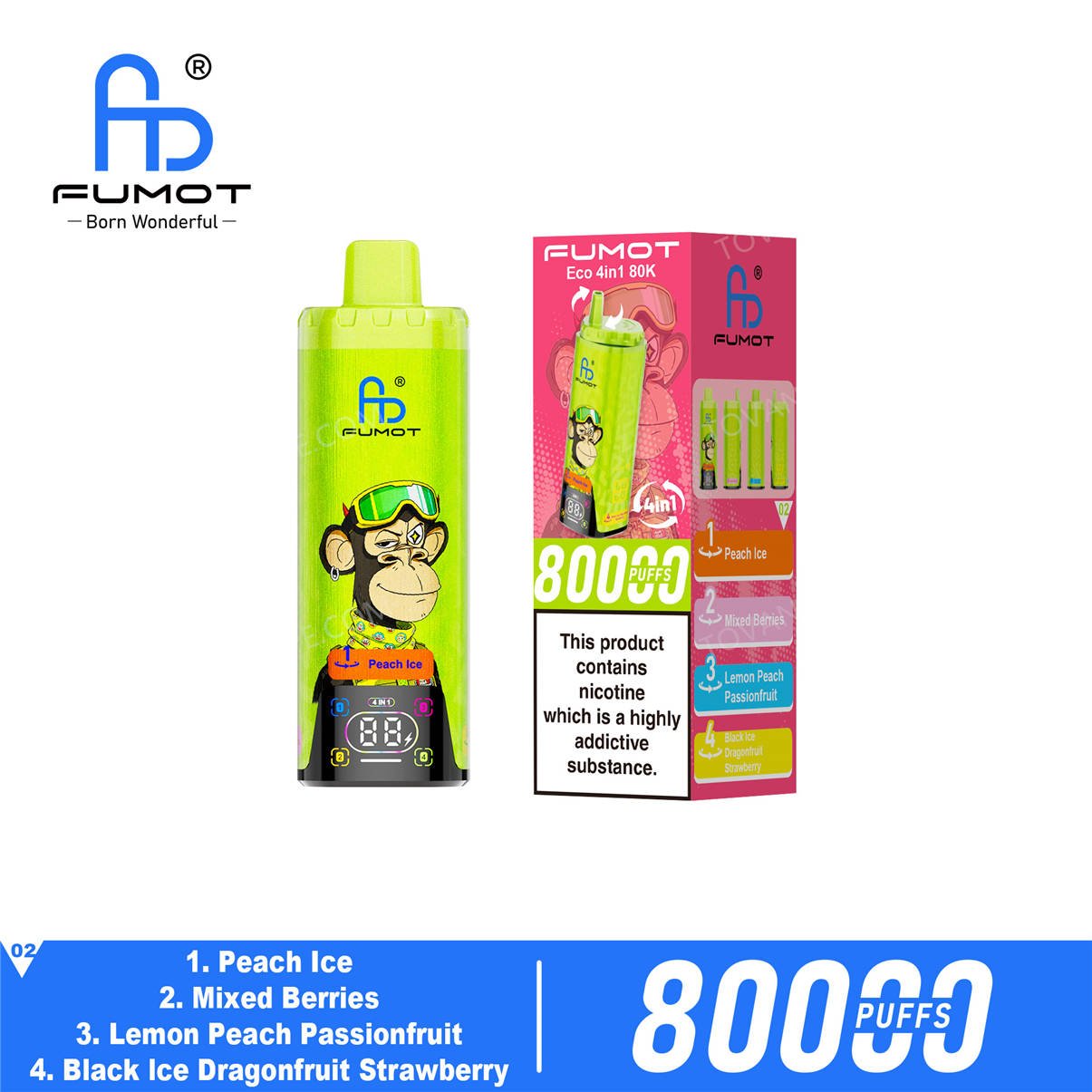 fumot eco 4in1 80k peach ice - mixed berries - lemon peach passionfruit - black ice dragonfruit strawberry retail packaging box