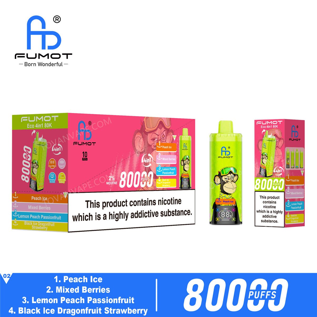 fumot eco 4in1 80k peach ice - mixed berries - lemon peach passionfruit - black ice dragonfruit strawberry wholesale packaging box