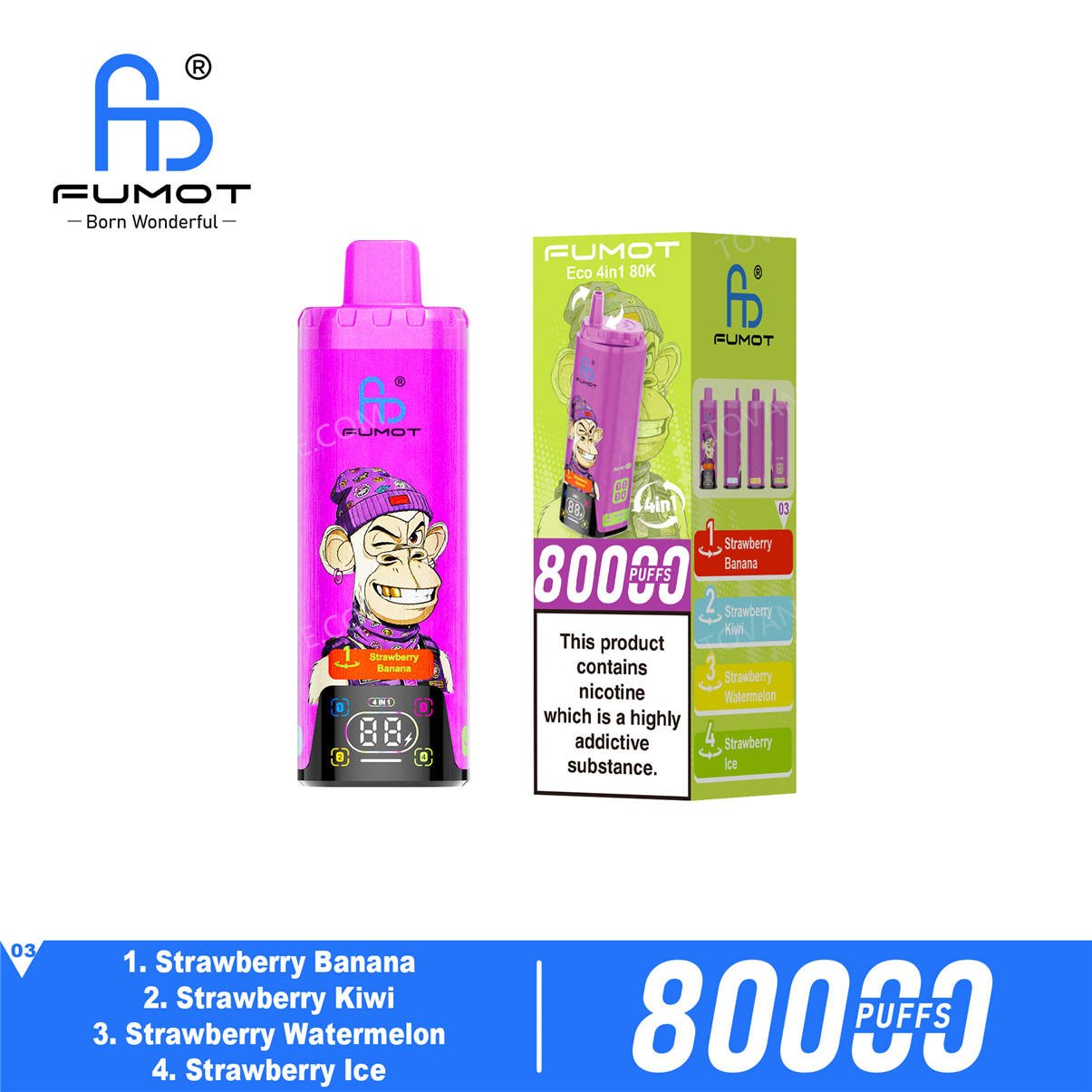 fumot eco 4in1 80k strawberry banana - strawberry kiwi - strawberry watermelon - strawberry ice retail packaging box