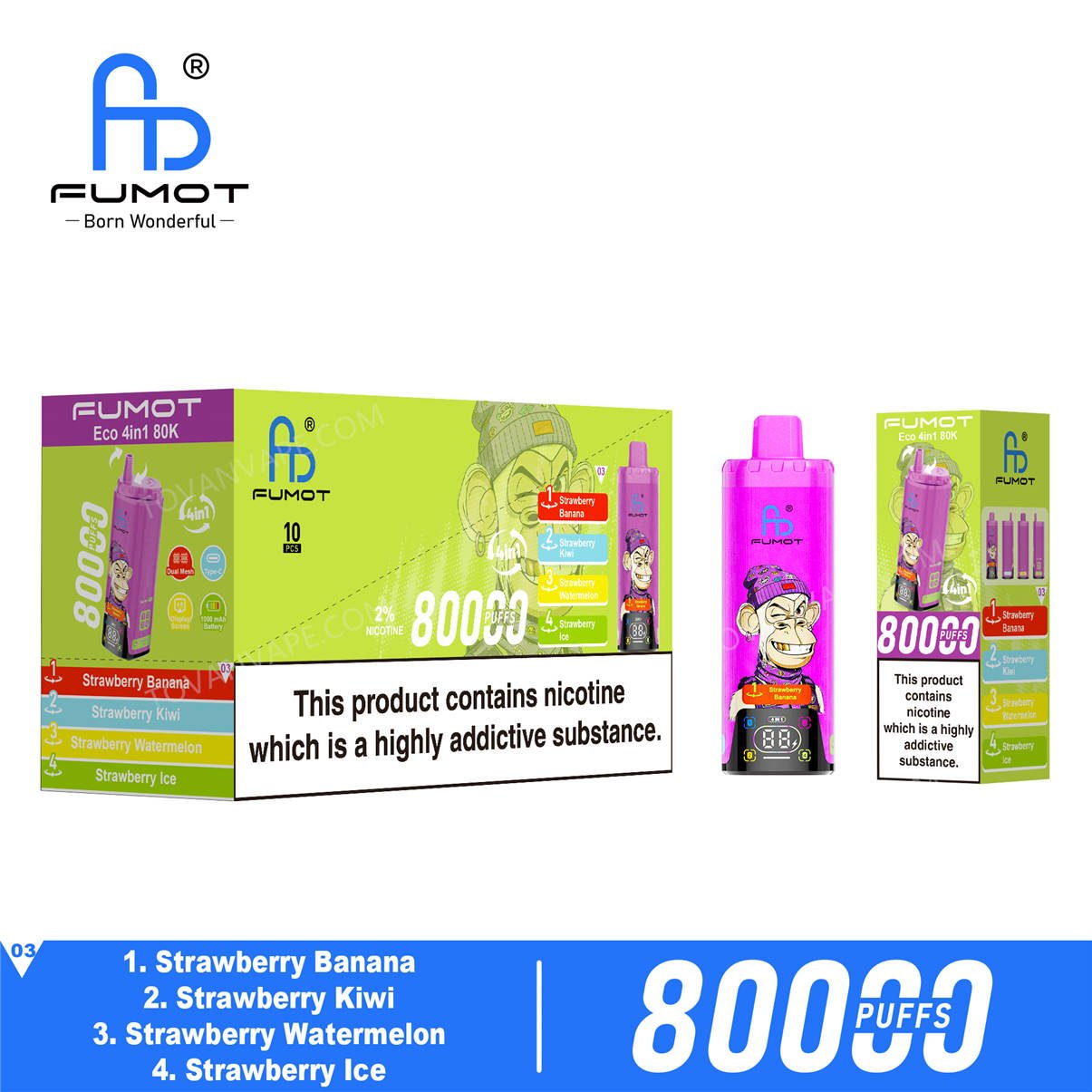 fumot eco 4in1 80k strawberry banana - strawberry kiwi - strawberry watermelon - strawberry ice wholesale packaging box
