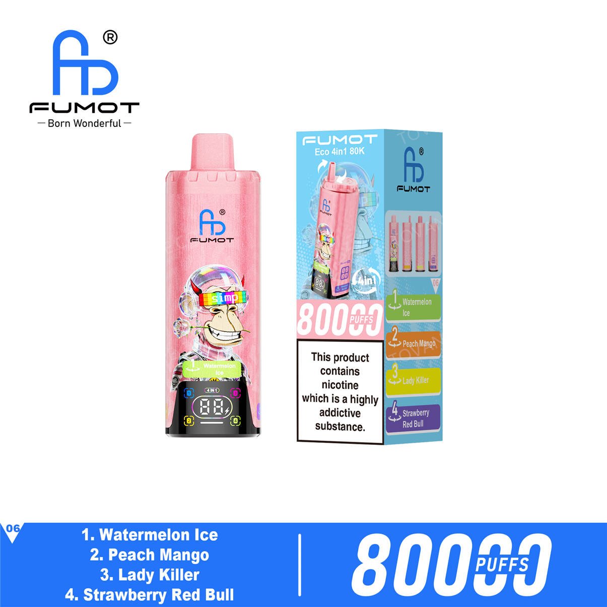 fumot eco 4in1 80k watermelon ice - peach mango - lady killer - strawberry red bull retail packaging box