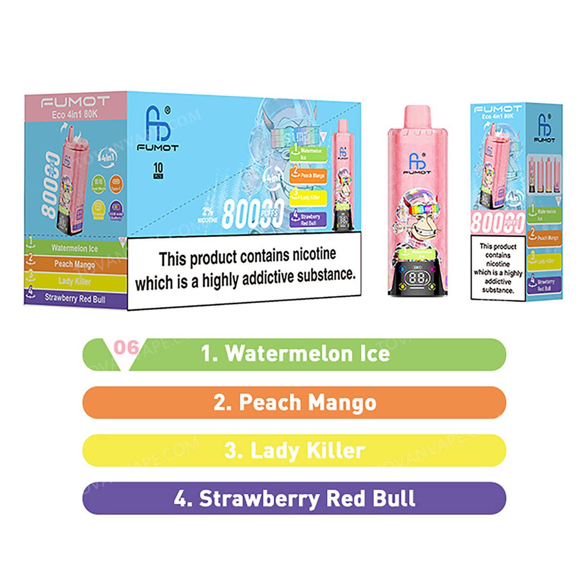 fumot eco 4in1 80k watermelon ice - peach mango - lady killer - strawberry red bull wholesale packaging box