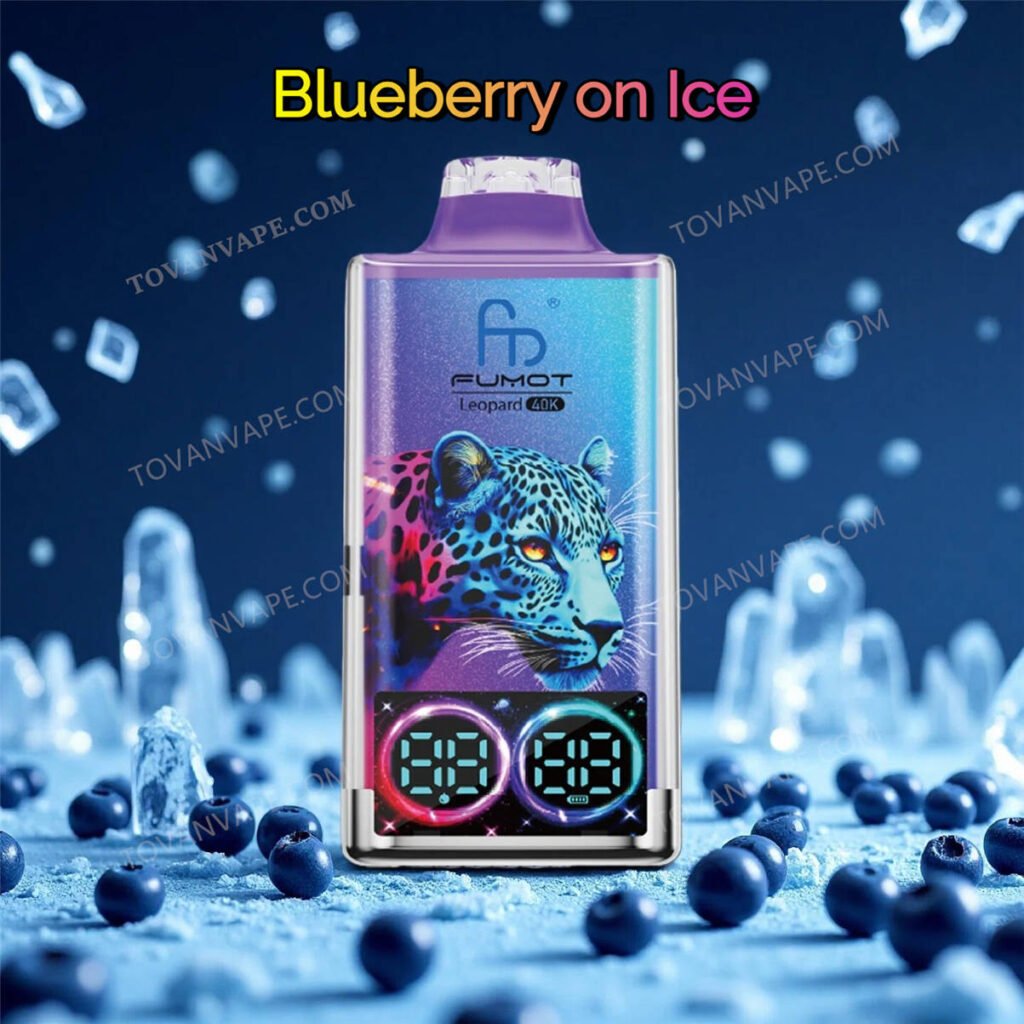 fumot leopard 40k com sabor blueberry on ice, rodeado de mirtilos frescos e cubos de gelo refrescantes