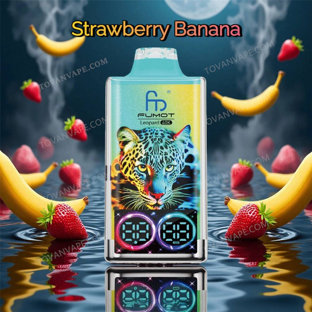 fumot leopard 40k nella variante strawberry banana, circondato da fragole rosse fresche e banane gialle mature fumot leopard 40k nella variante strawberry banana, circondato da fragole rosse fresche e banane gialle mature