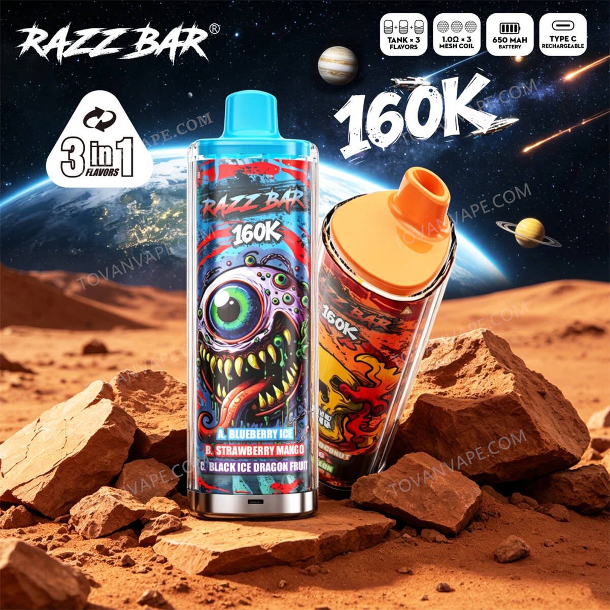 infografica che illustra in dettaglio la durata della batteria e le caratteristiche hardware del modello razz bar 160k