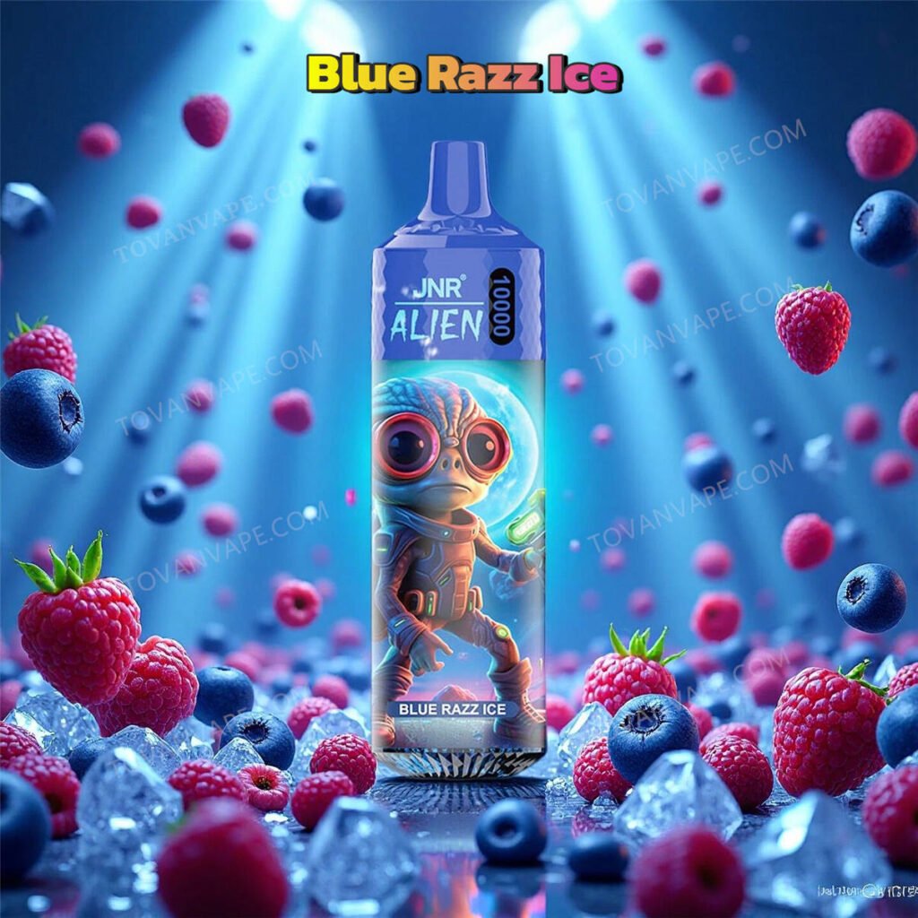 jnr alien 10k blue razz ice electronic cigarette, beautifully arranged with fresh blue raspberries and clear ice blocks