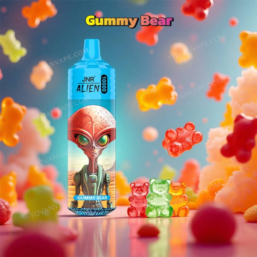 jnr alien 10k gummy bear electronic cigarette, beautifully arranged with colorful and sweet gummy candies