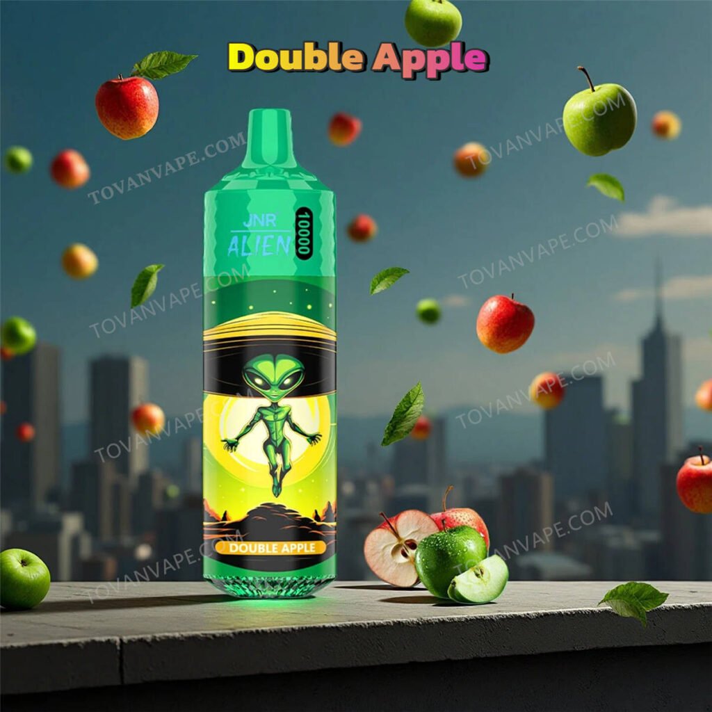 jnr alien 10k vape in double apple flavor, surrounded by fresh red and green apples