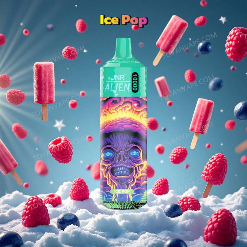 jnr alien 10k vape in ice pop flavor, surrounded by colorful fruit popsicles and ice chunks