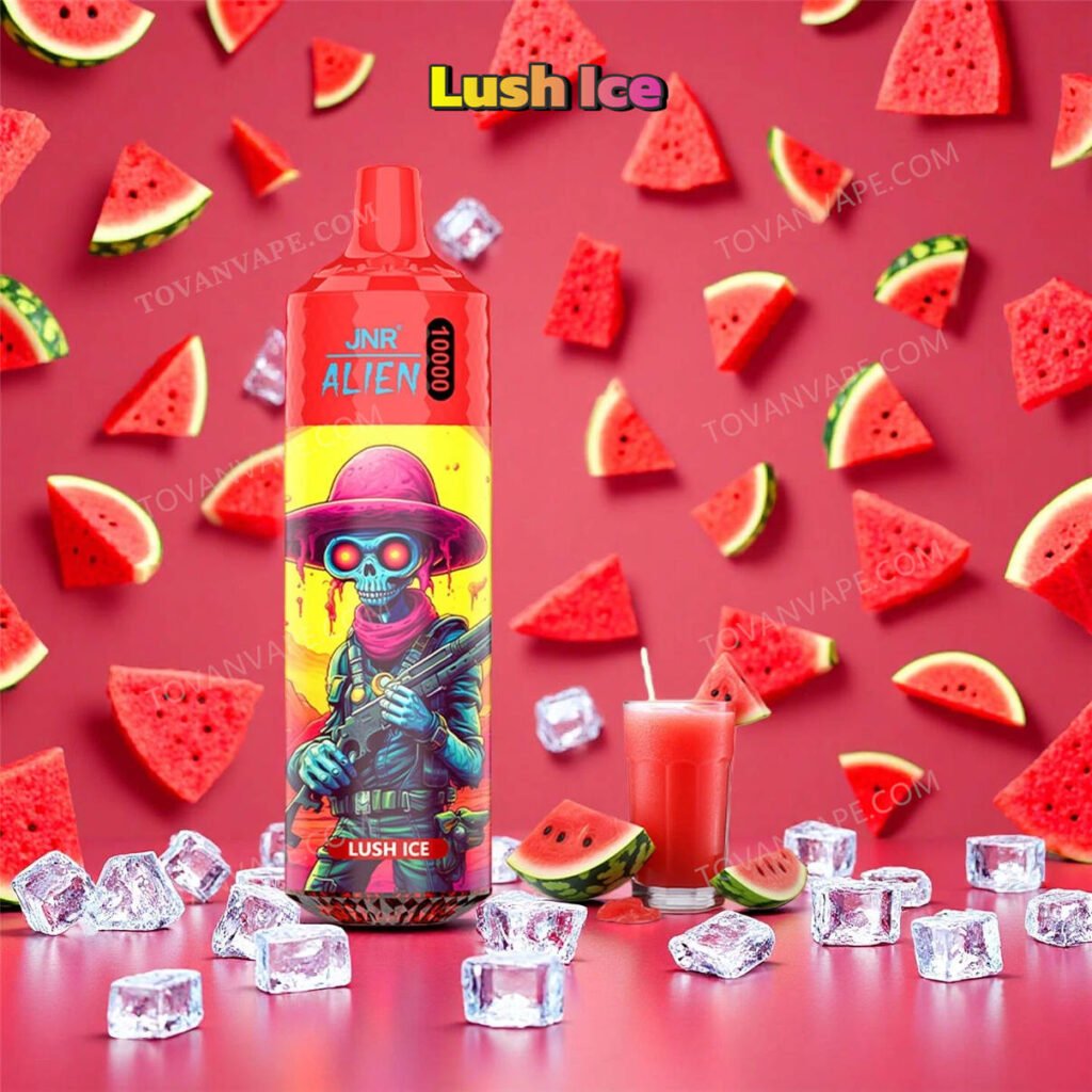 jnr alien 10k vape in lush ice flavor, surrounded by fresh watermelon slices and cooling ice cubes