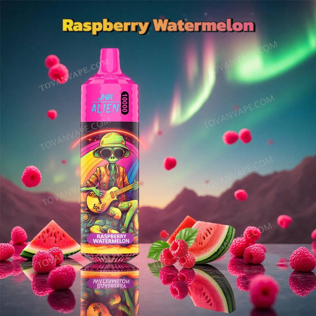 jnr alien 10k vape in raspberry watermelon flavor, surrounded by tart raspberries and fresh watermelon slices