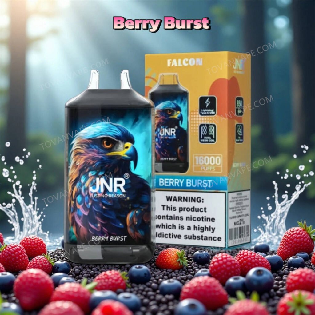 jnr falcon 16k berry burst vape device, surrounded by fresh mixed wild berries jnr falcon 16k berry burst vape device, surrounded by fresh mixed wild berries