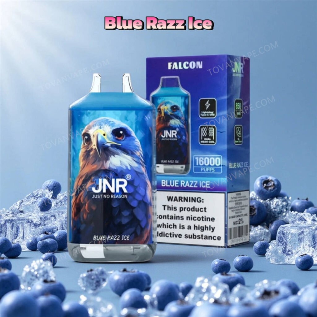jnr falcon 16k blue razz ice vape, shown with blue raspberries and cooling ice blocks jnr falcon 16k blue razz ice vape, shown with blue raspberries and cooling ice blocks