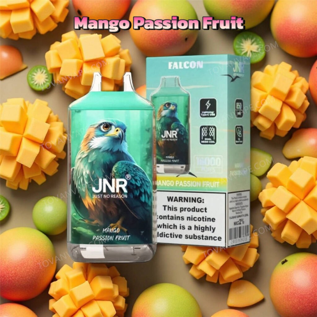 jnr falcon 16k mango passion fruit vape, surrounded by sweet yellow mangoes and passion fruit jnr falcon 16k mango passion fruit vape, surrounded by sweet yellow mangoes and passion fruit