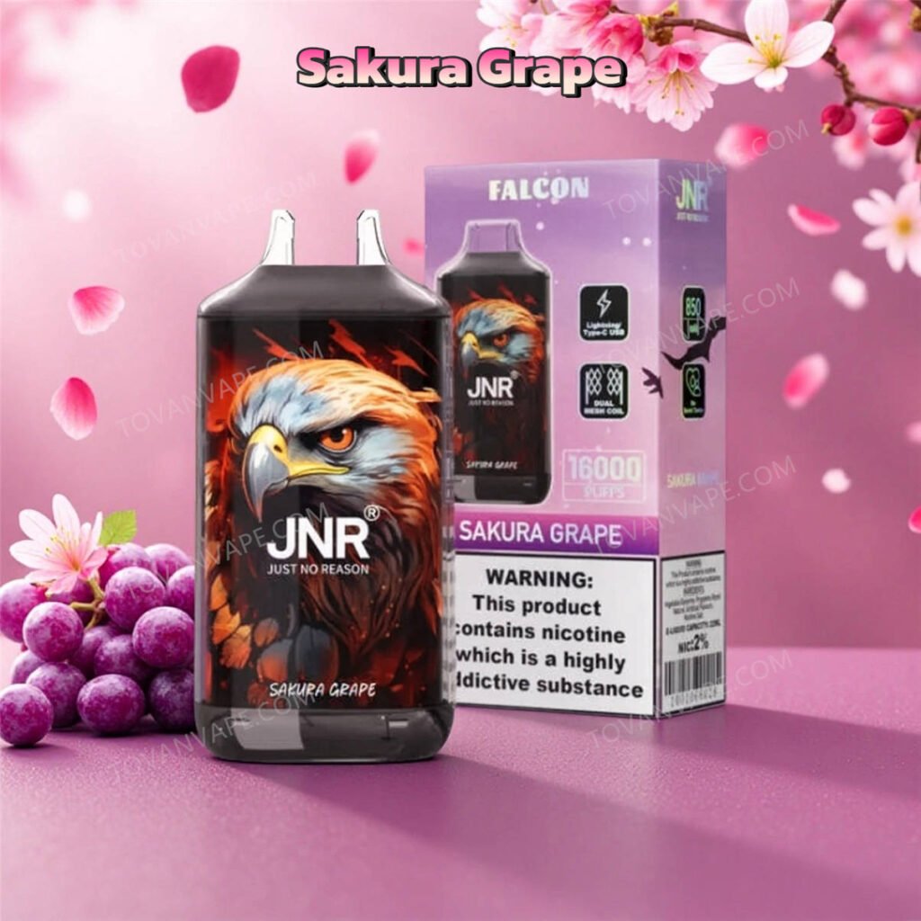 jnr falcon 16k sakura grape e cigarette, placed next to purple grapes and pink cherry blossoms jnr falcon 16k sakura grape e cigarette, placed next to purple grapes and pink cherry blossoms