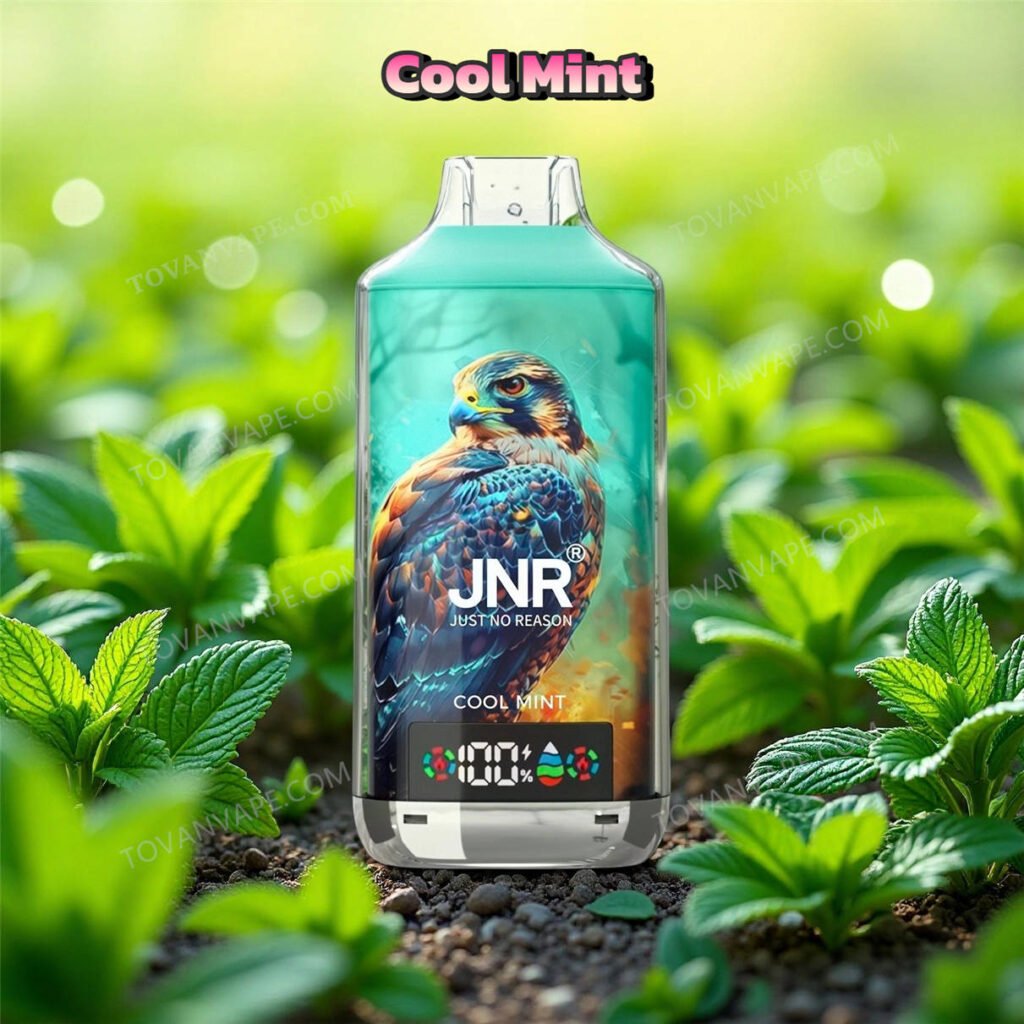 jnr falcon x 18k electronic cigarette in cool mint flavor, accompanied by fresh green mint leaves