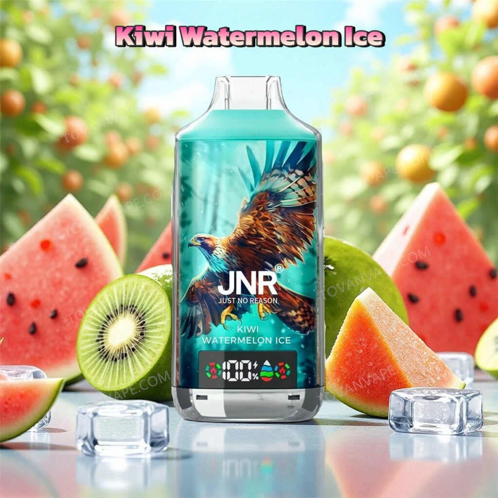 jnr falcon x 18k in kiwi watermelon ice, serviert mit frischen Kiwischeiben, Wassermelonenstücken und Eis