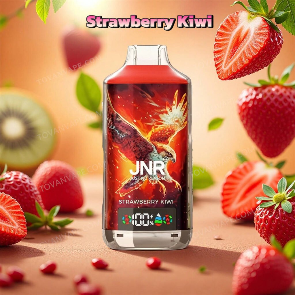 jnr falcon x 18k in strawberry kiwi flavor, displayed with sliced green kiwis and fresh strawberries